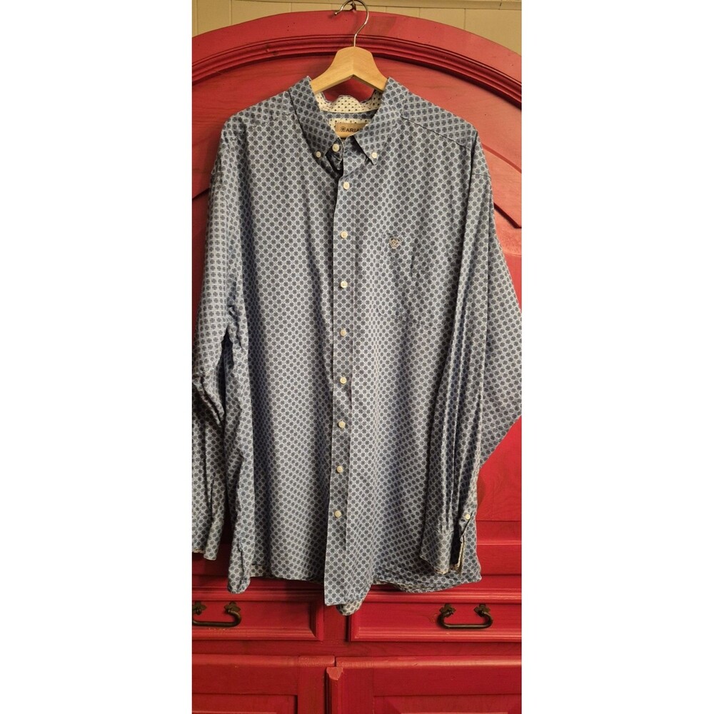 Ariat Mens XXL Tall Navy Blue Geo Print Wrinkle Free LS Western Shirt 2XLT EUC